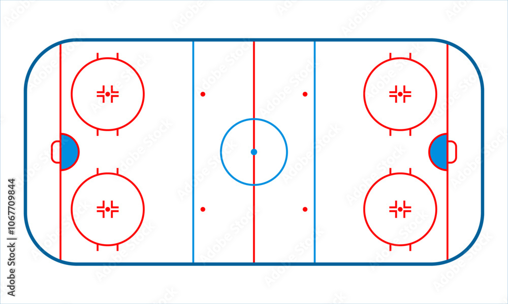 Fototapeta premium Ice Hockey Rink diagram. Hockey field for NHL. Ice arena for winter sport game. Hockey pitch view from top. Stadium with graphic line diagram. Vector EPS 10