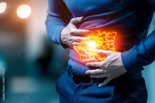 Fototapeta Naklejka Na Ścianę i Meble -  Person holding abdomen, indicating gastrointestinal pain or discomfort.