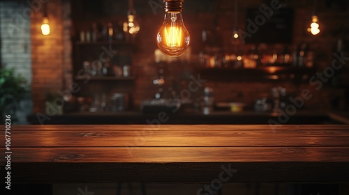 Glowing lightbulb over rustic countertop photo