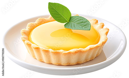 A single lemon tart with a flaky crust, topped with a lemon leaf, sits on a white plate.