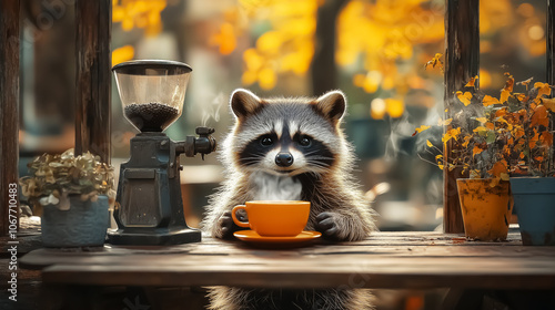 Charming raccoon enjoying coffee in a cozy café setting, perfect for autumn-themed wall art, posters, or decorations that evoke warmth and whimsy. photo