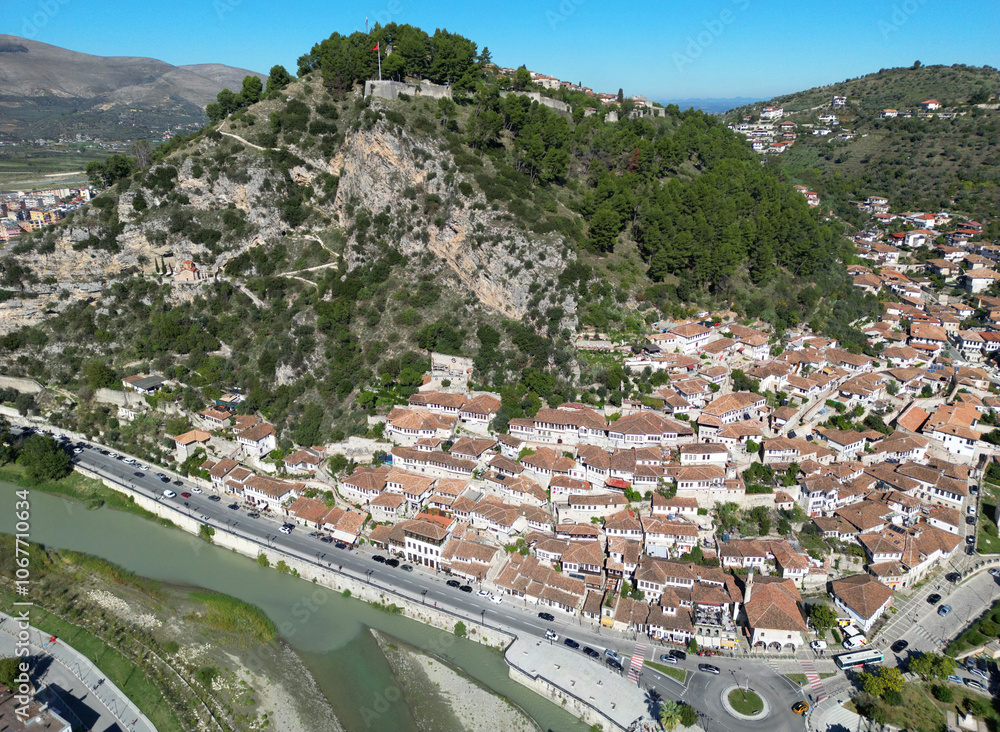 Naklejka premium A drone shot of the historic town of Berat, Albania