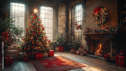 Wallpaper Mural Cozy Christmas living room with fireplace, decorated tree, presents, and window light. Torontodigital.ca