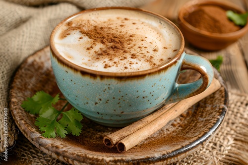 A cup of coffee with cinnamon on top, a saucer, cinnamon sticks, and a bowl of cinnamon on a wooden background.