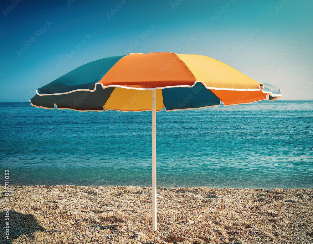 A retro beach umbrella in retro colors in front of a navy blue sea on an empty beach A retro beach umbrella in retro colors in front of a navy blue sea on an empty beach