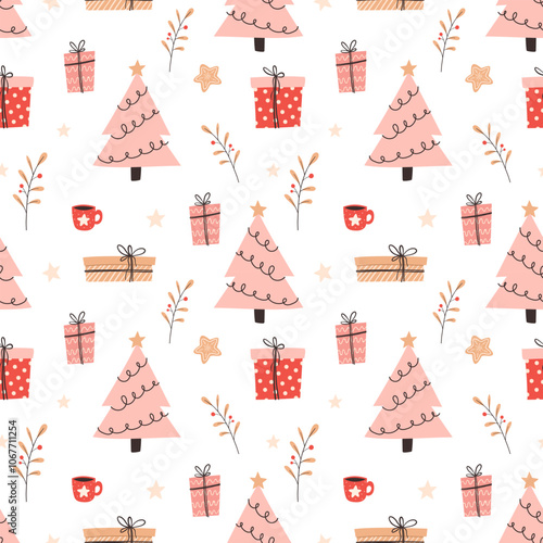 Christmas tree, gift, holly berries leaves and snowflakes seamless pattern. Glamorous decorative wrapping paper for the winter holidays. Seamless vector pattern with pink Christmas trees and gift.