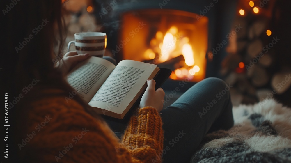 Woman relaxing by a fireplace with a book and a cup of hot drink. Woman relaxing by a fireplace with a book and a cup of hot drink.