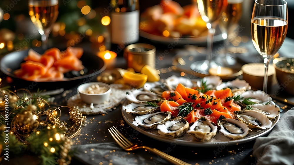 Elegant seafood platter with champagne in a festive setting Elegant seafood platter with champagne in a festive setting