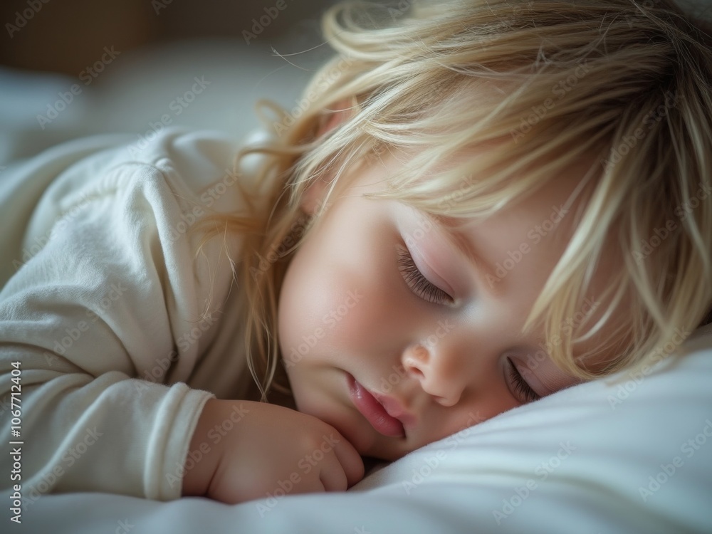 Close-up of a young blonde child peacefully sleeping on a white pillow, hand resting nearby, capturing calm and innocence indoors Close-up of a young blonde child peacefully sleeping on a white pillow, hand resting nearby, capturing calm and innocence indoors