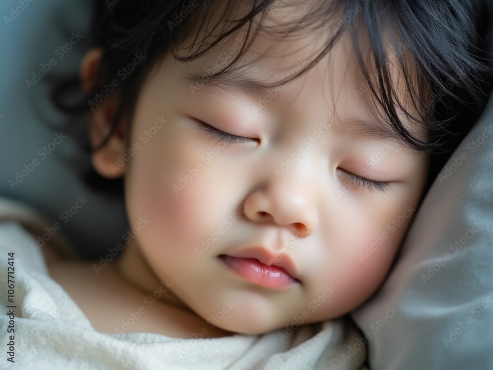 Close-up of a young Asian child peacefully sleeping on a pillow, capturing innocence and calmness with delicate facial features indoors Close-up of a young Asian child peacefully sleeping on a pillow, capturing innocence and calmness with delicate facial features indoors
