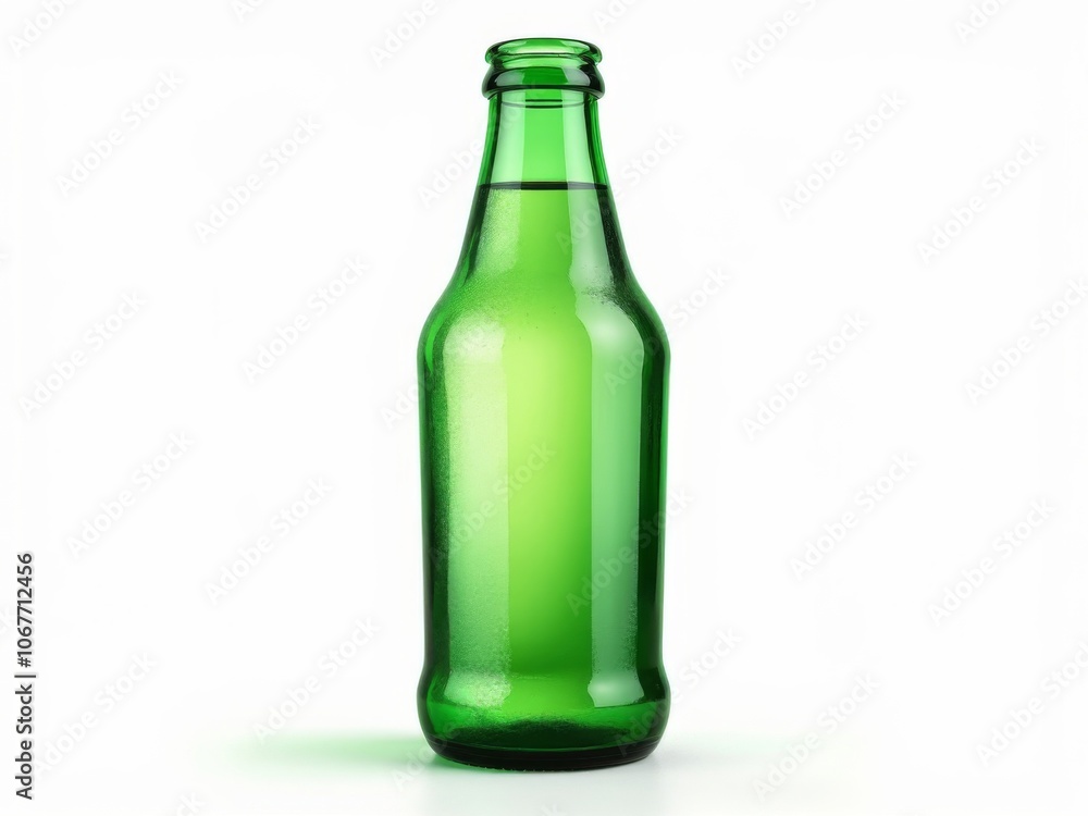 Classic green glass bottle with smooth finish on a clean white background in isolated view Classic green glass bottle with smooth finish on a clean white background in isolated view