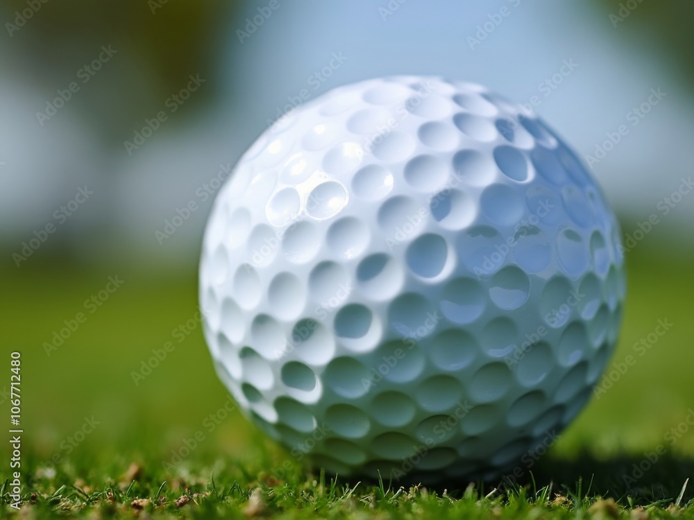Detailed close-up of a white golf ball with dimples resting on green grass, capturing sunlight reflections Detailed close-up of a white golf ball with dimples resting on green grass, capturing sunlight reflections