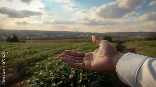 Photorealistic image depicting fields in the Jezreel Valley, Israel. A sower sows a seed photo