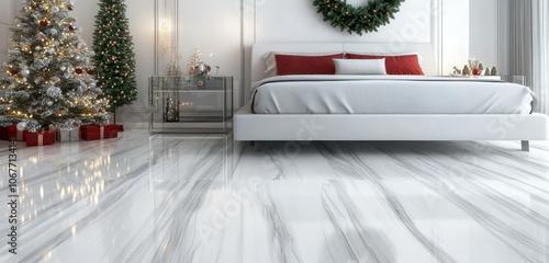 A white marble floor with grey streaks, paired with a sleek platform bed, a glass-topped nightstand, and a Christmas wreath above the bed. photo