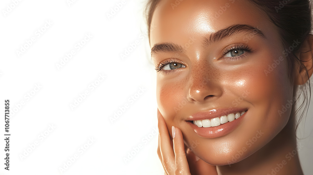 Obraz premium A closeup of a radiant woman with smooth, hydrated skin, gently touching her cheek while smiling against a soft, white background