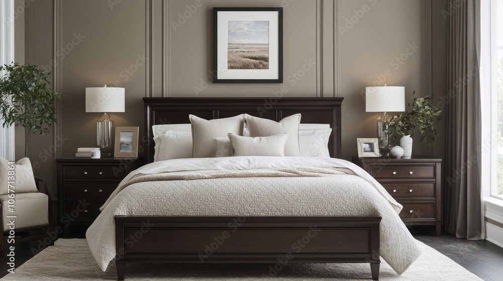 A modern bedroom with a king-size bed and white linens, featuring wood nightstands and lamps on each side of the bed A modern bedroom with a king-size bed and white linens, featuring wood nightstands and lamps on each side of the bed