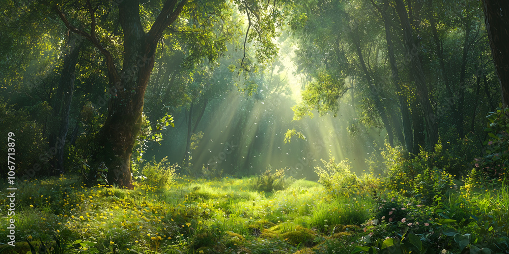 Morning in the forest. Sun rays through the branches of trees Morning in the forest. Sun rays through the branches of trees