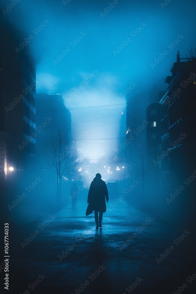 Solitude in the City: A lone figure walks through a misty cityscape bathed in an ethereal blue light, evoking a sense of mystery, introspection, and the weight of urban anonymity. Solitude in the City: A lone figure walks through a misty cityscape bathed in an ethereal blue light, evoking a sense of mystery, introspection, and the weight of urban anonymity.