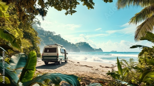 Eco-Friendly Camper Van at a Secluded Costa Rican Beach: Lush Jungle Foliage and Crashing Waves in a Beautifully Composed Photorealistic Scene. photo