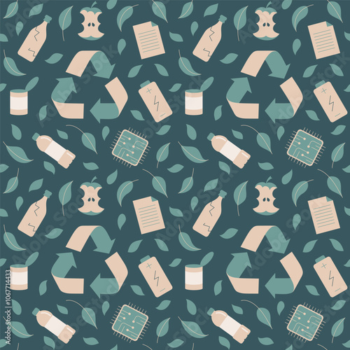 Seamless pattern featuring recycling symbols, waste items like bottles.
