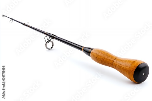 A close-up of a fishing rod with a wooden handle isolated on a white background. photo