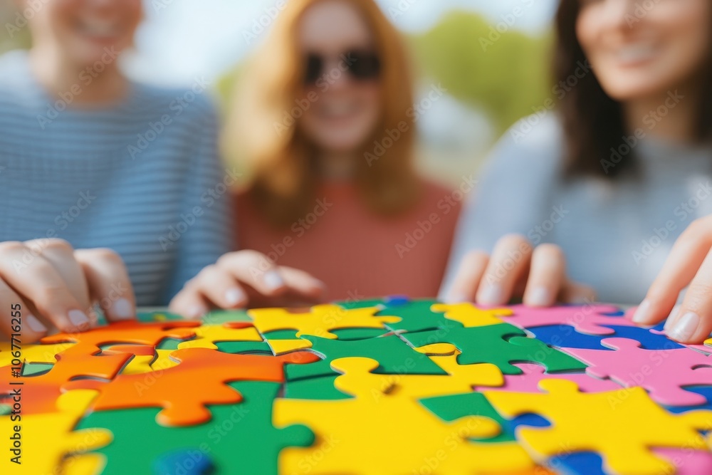 Fototapeta premium Three friends enjoying a colorful puzzle outdoors, fostering teamwork and creativity while having fun in the sun.