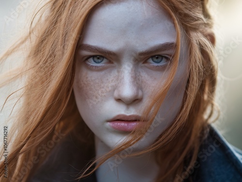 Fierce Gaze: A close-up portrait of a young woman with fiery red hair and piercing blue eyes, her determined expression conveying strength and resolve. The wind gently tousles her hair. photo