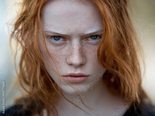 Fiery Redhead Portrait: Close-up portrait of a young woman with fiery red hair, intense green eyes, and freckles, conveying a strong and defiant mood. 