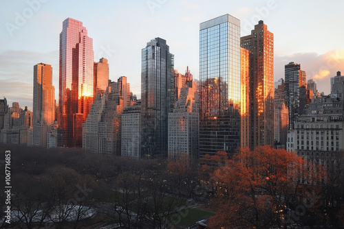 Urban Skyline at Sunset with Reflections on Skyscrapers