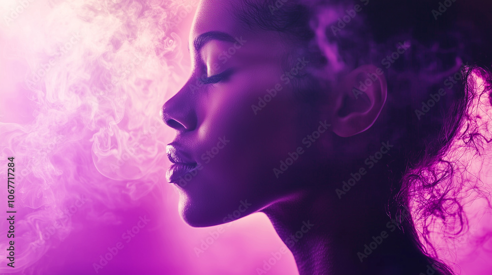 A serene, close-up profile of a woman with her eyes closed, bathed in soft, pink and purple lighting that creates a calming and dreamy atmosphere. Wisps of smoke or mist flow around her face, adding a A serene, close-up profile of a woman with her eyes closed, bathed in soft, pink and purple lighting that creates a calming and dreamy atmosphere. Wisps of smoke or mist flow around her face, adding a