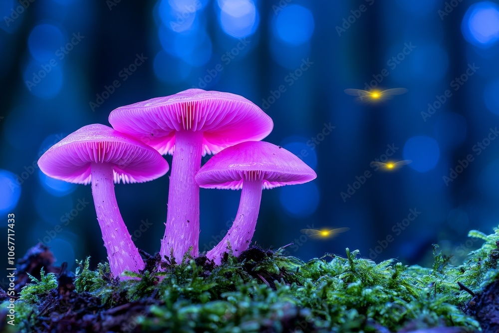 A glowing magic mushroom on a tree in a dark forest with fireflies A glowing magic mushroom on a tree in a dark forest with fireflies