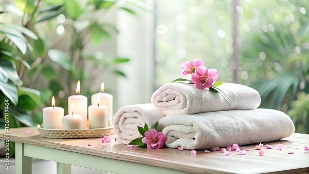 Spa towels neatly arranged with candles and flowers creating a serene atmosphere Spa towels neatly arranged with candles and flowers creating a serene atmosphere