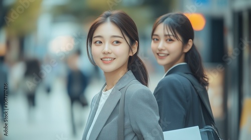スーツ姿の日本人女性が街を歩く