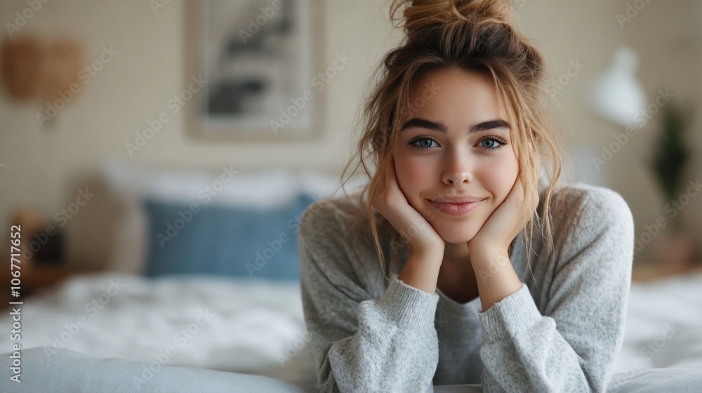 Young woman with blonde hair and blue eyes smiling at the camera while laying in bed, hands under chin. Young woman with blonde hair and blue eyes smiling at the camera while laying in bed, hands under chin.
