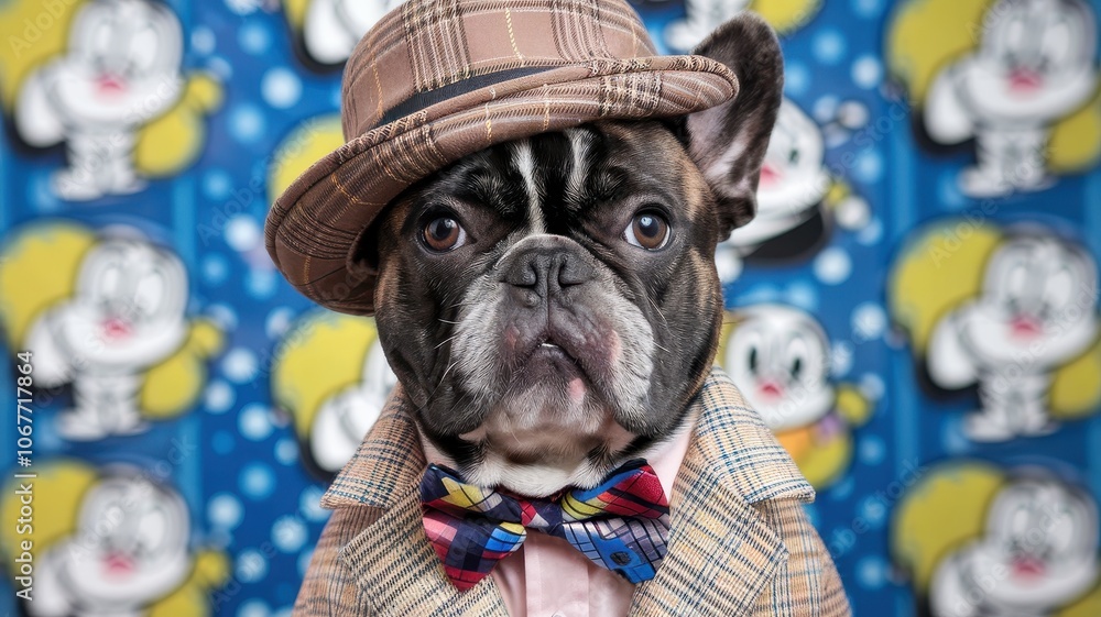 French Bulldog Dressed in Hat and Bow Tie Looking Alert French Bulldog Dressed in Hat and Bow Tie Looking Alert