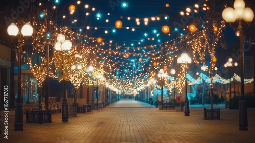 A charming, festively decorated pedestrian street illuminated with warm lights. The street is adorned with strings of lights stretching across, casting a cozy and inviting glow over the walkway.