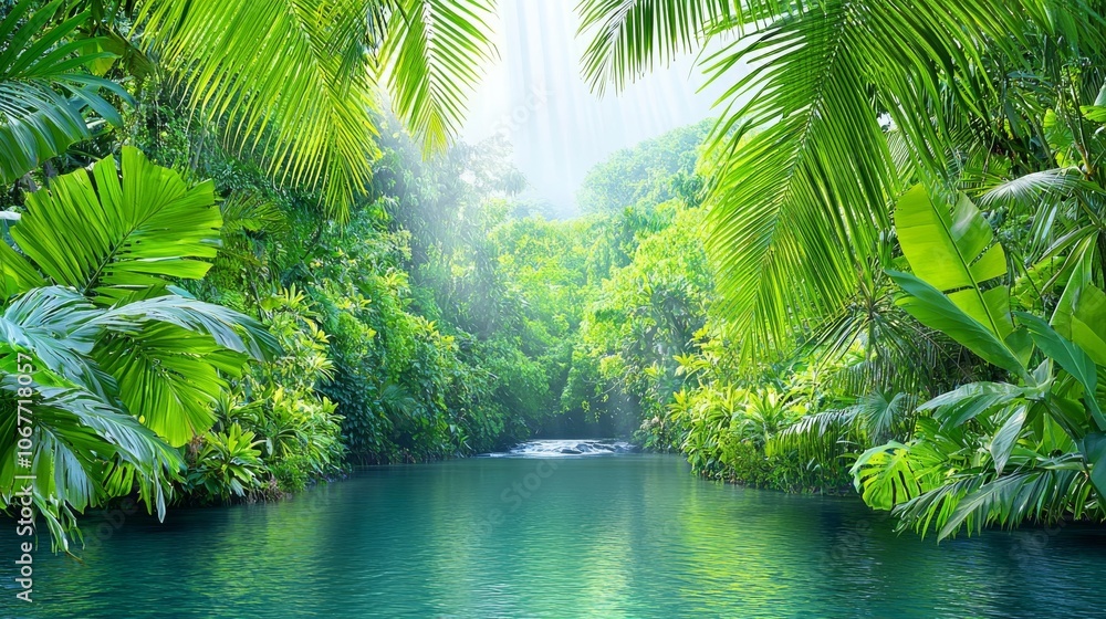 An atmospheric fantasy forest with rays of sunlight shinning through the trees, lush jungle foliage and a dark rainforest. 3D illustration. An atmospheric fantasy forest with rays of sunlight shinning through the trees, lush jungle foliage and a dark rainforest. 3D illustration.