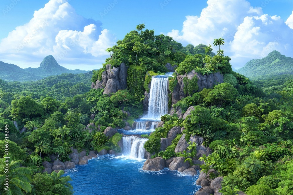 Imaginative painting of a landscape with waterfalls along the banks of a river Imaginative painting of a landscape with waterfalls along the banks of a river