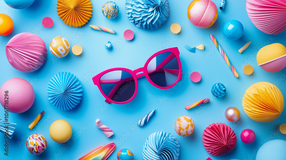 A pair of striking pink sunglasses with dark tinted lenses, surrounded by a diverse assortment of decorative items in various shades of blue, pink, yellow, and orange. A pair of striking pink sunglasses with dark tinted lenses, surrounded by a diverse assortment of decorative items in various shades of blue, pink, yellow, and orange.