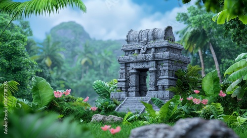 A 3D illustration of a Garden of Eden, an exotic fairytale fantasy forest, a green oasis. Unreal fantasy landscape with trees, flowers, shadows and creepers. An arch is visible behind the trees.