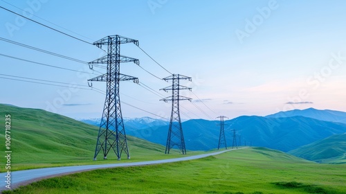 Across a rural landscape are power transmission lines strung across, the sunset in the background.