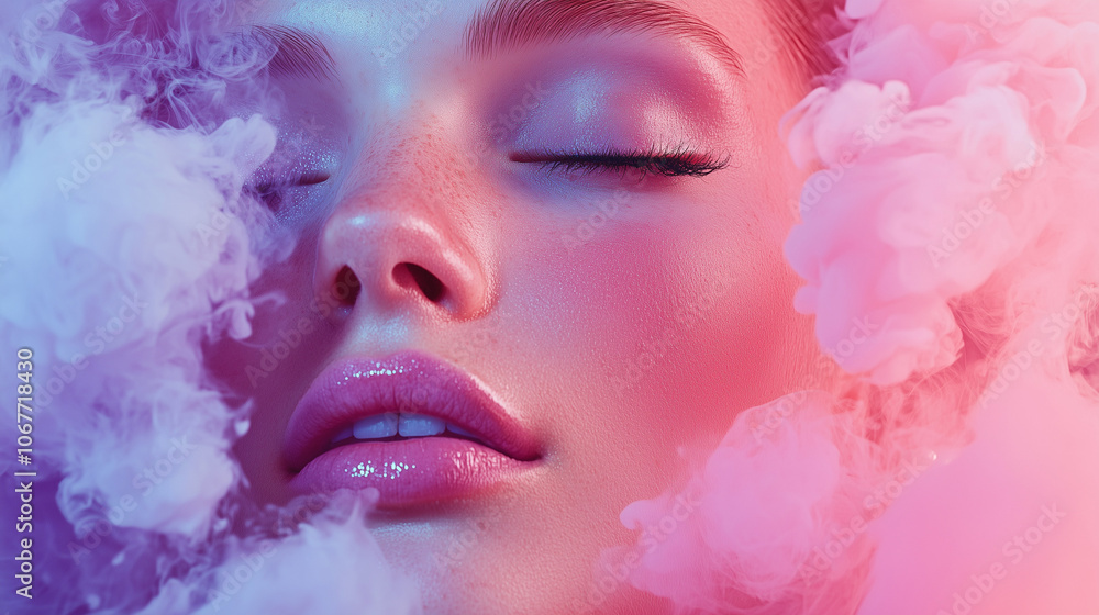A person’s face enveloped in soft, colorful clouds of mist or smoke, primarily in hues of pink and purple. A person’s face enveloped in soft, colorful clouds of mist or smoke, primarily in hues of pink and purple.