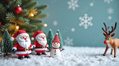 Festive Christmas scene with Santa figurines, snowman, and reindeer - perfect for holiday blogs, greeting cards, social media posts, and seasonal marketing campaigns