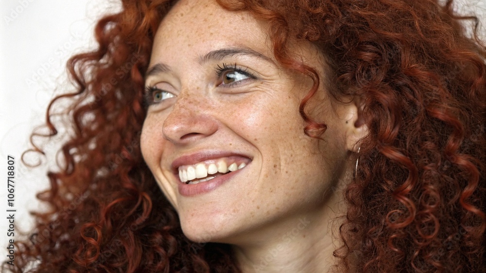 A joyful close-up of a woman with vibrant curly red hair and expressive freckles, radiating natural beauty. Her wide smile and sparkling eyes convey warmth and authenticity. The soft lighting accentua A joyful close-up of a woman with vibrant curly red hair and expressive freckles, radiating natural beauty. Her wide smile and sparkling eyes convey warmth and authenticity. The soft lighting accentua