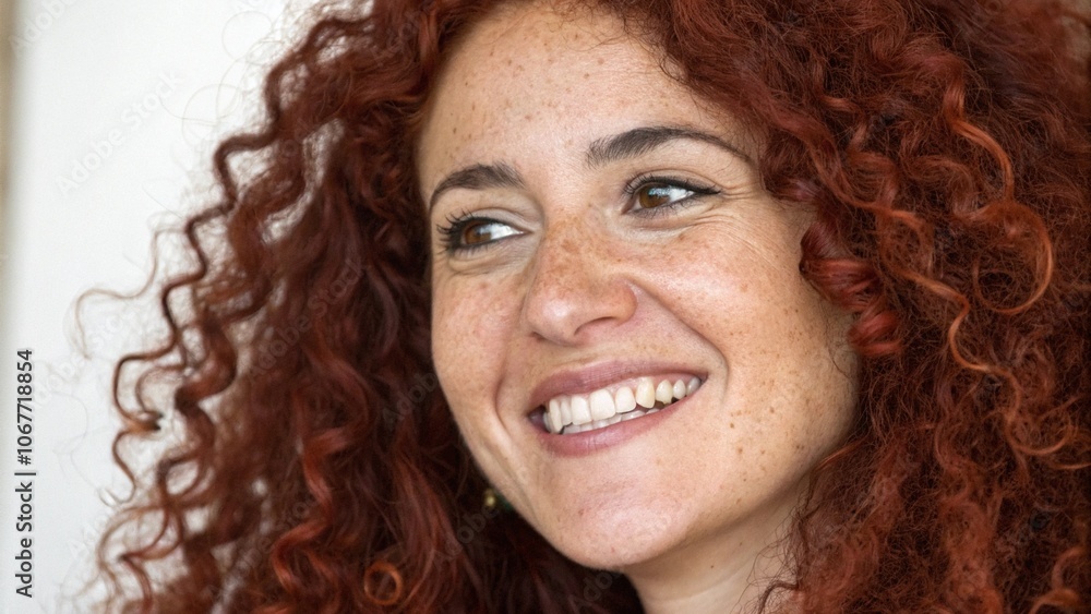 A joyful close-up of a woman with vibrant curly red hair and expressive freckles, radiating natural beauty. Her wide smile and sparkling eyes convey warmth and authenticity. The soft lighting accentua A joyful close-up of a woman with vibrant curly red hair and expressive freckles, radiating natural beauty. Her wide smile and sparkling eyes convey warmth and authenticity. The soft lighting accentua