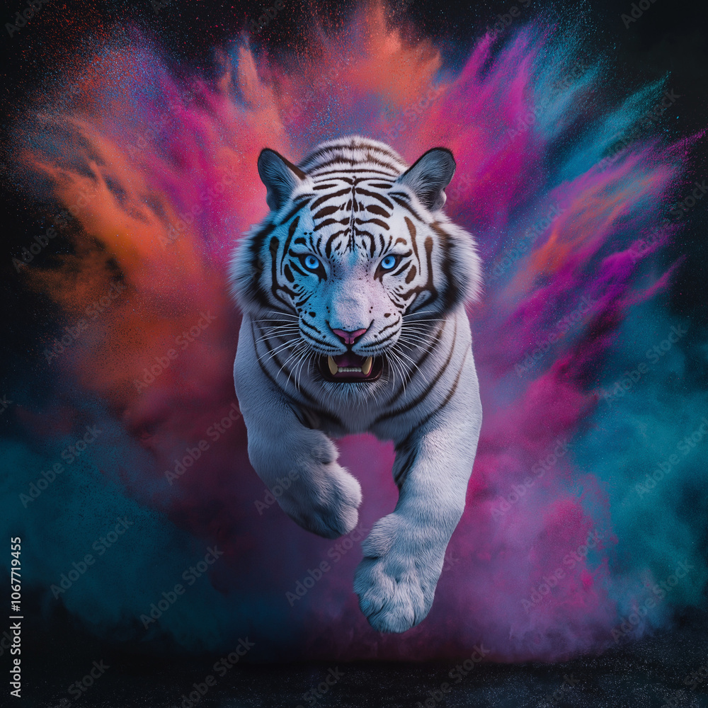 Obraz premium Weißer Tiger springt durch farbenfrohe Staubwolken