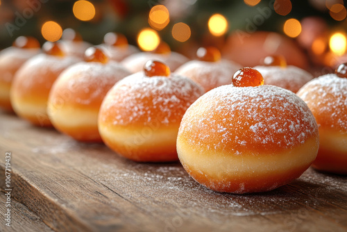 Festive hanukkah sufganiyot with jelly and powdered sugar close-up photo