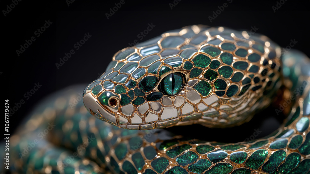 Fototapeta premium Elegant green and gold snake brooch close-up for jewelry design inspiration