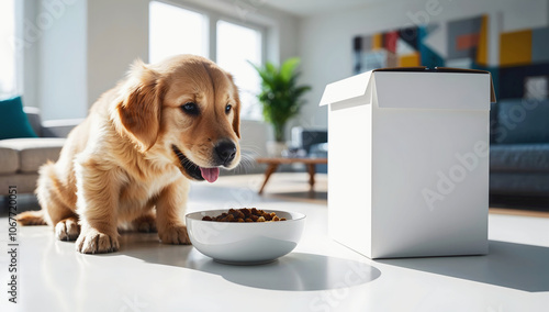 Obraz na płótnie Cute little Golden Retriever puppy dog eating form blank white bowl mock up in modern living room background, pets and animals w salonie