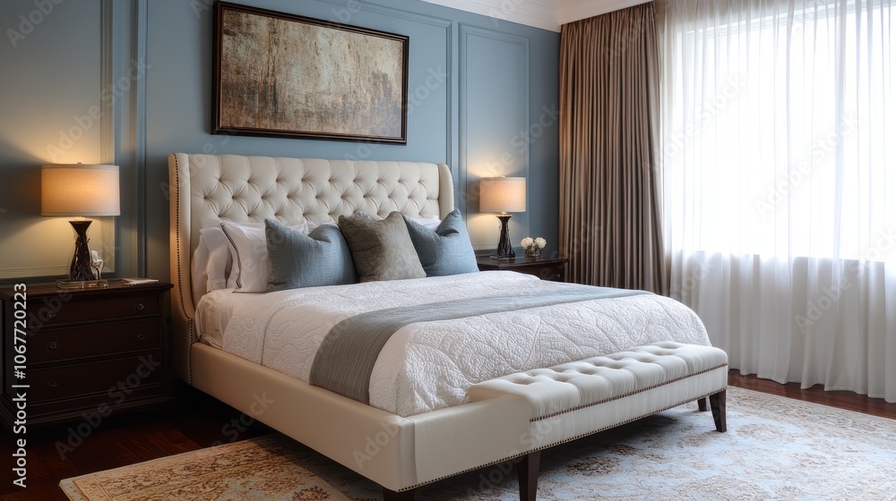 Luxurious Bedroom Interior with White Bed and Upholstered Footboard Luxurious Bedroom Interior with White Bed and Upholstered Footboard